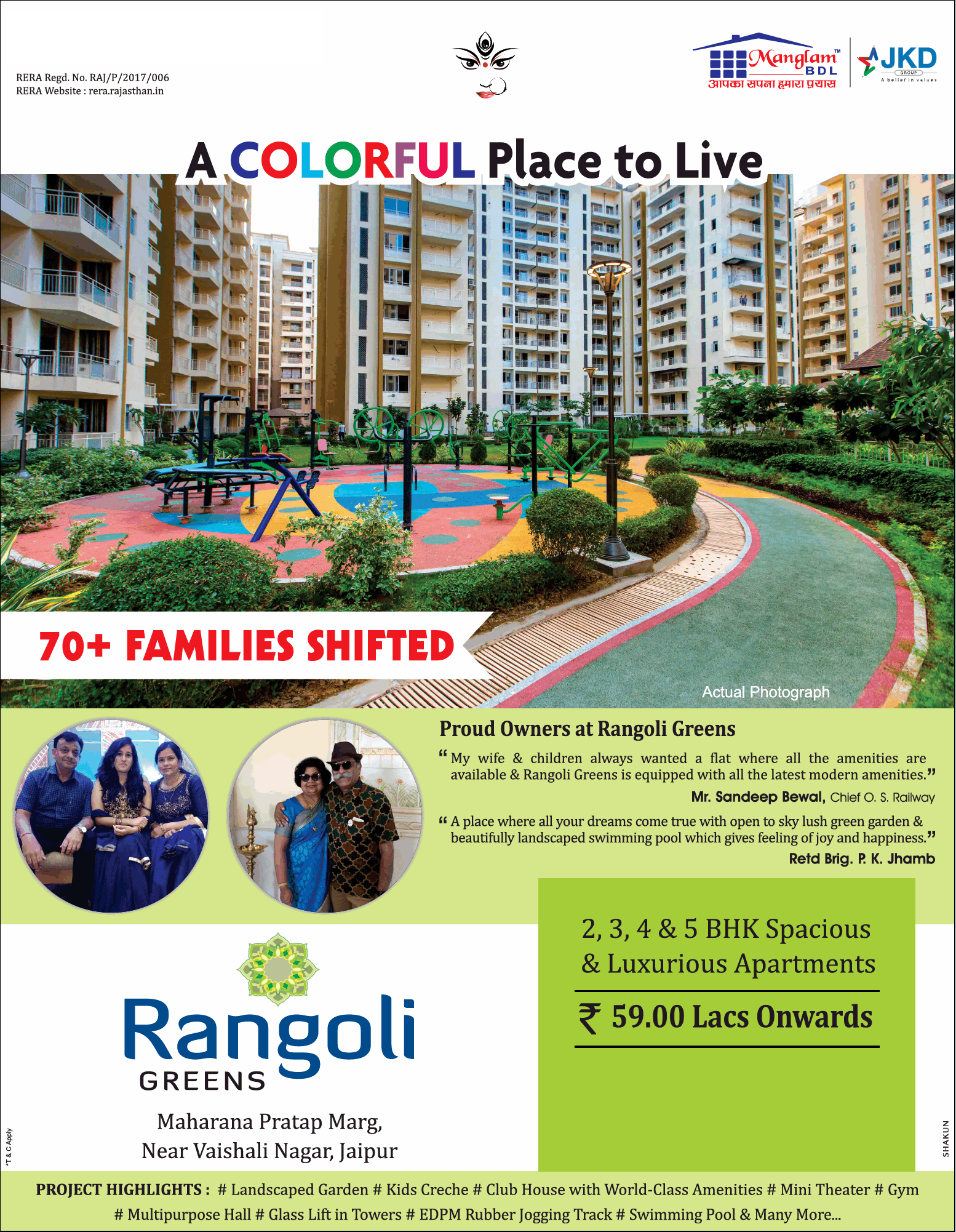 Book 2, 3, 4 & 5 bhk spacious apartments at Mangalam Rangoli Greens in Jaipur